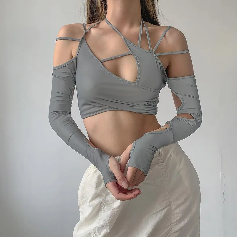 Europe and the United States y2k summer new women's solid color halter halter halter crop back sleeved blouse