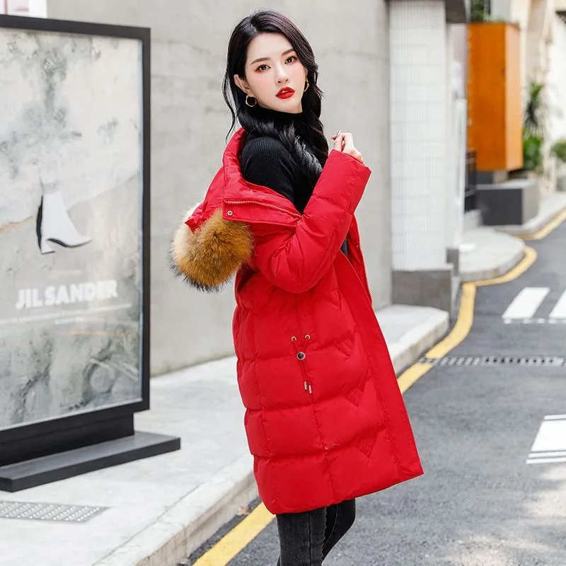 2023 New Women Down Jacket Winter Coat Female Mid Length Version Parkas Slim Fit Thick Warm Outwear Hooded Fur Collar Overcoat