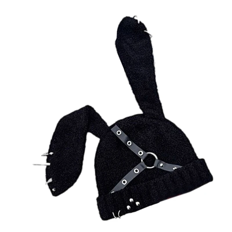 Punk Rivet Belt Hat for Girl 2000s Rabbit Ears Hat Winter Autumn Warm Outdoor Windproof Street Hiphop