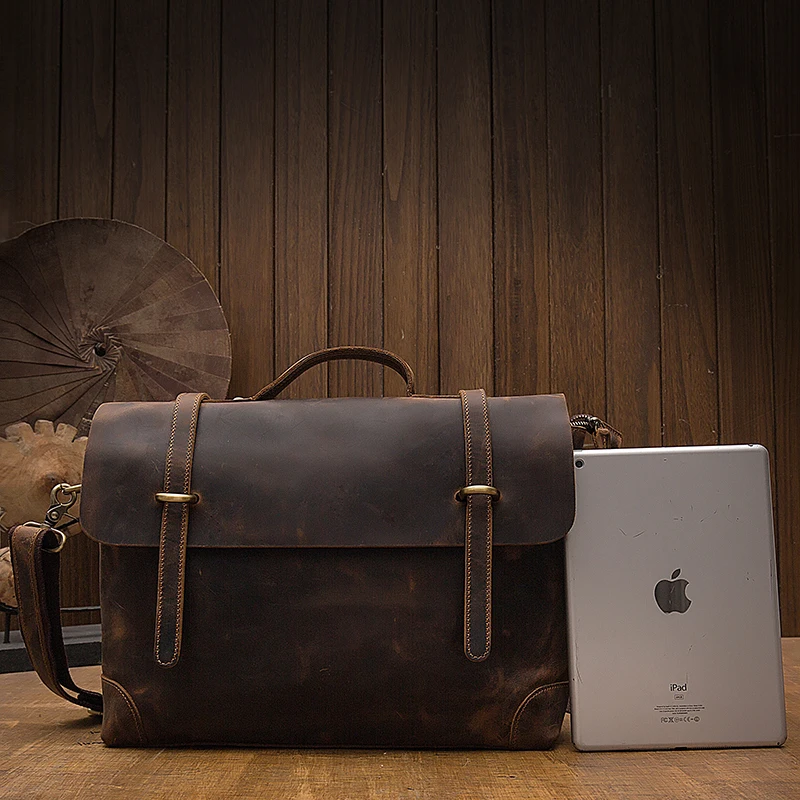 Handmade Crazy Horse Leather Shoulder Bag For Men Genuine Leather Cross body Bag Vintage Briefcase Cowhide Office Messenger Bag 5