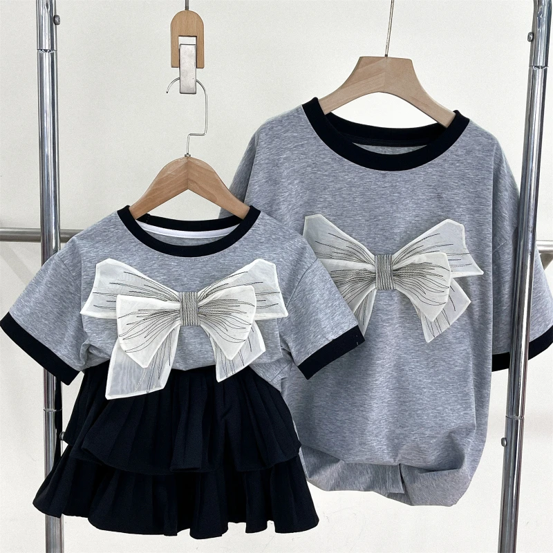 

2024 Mother and Baby Girls Same Clothes Mom and Daughter Big Bow T Shirt Women Tee Shirts Summer Cute Parent-child Clothing