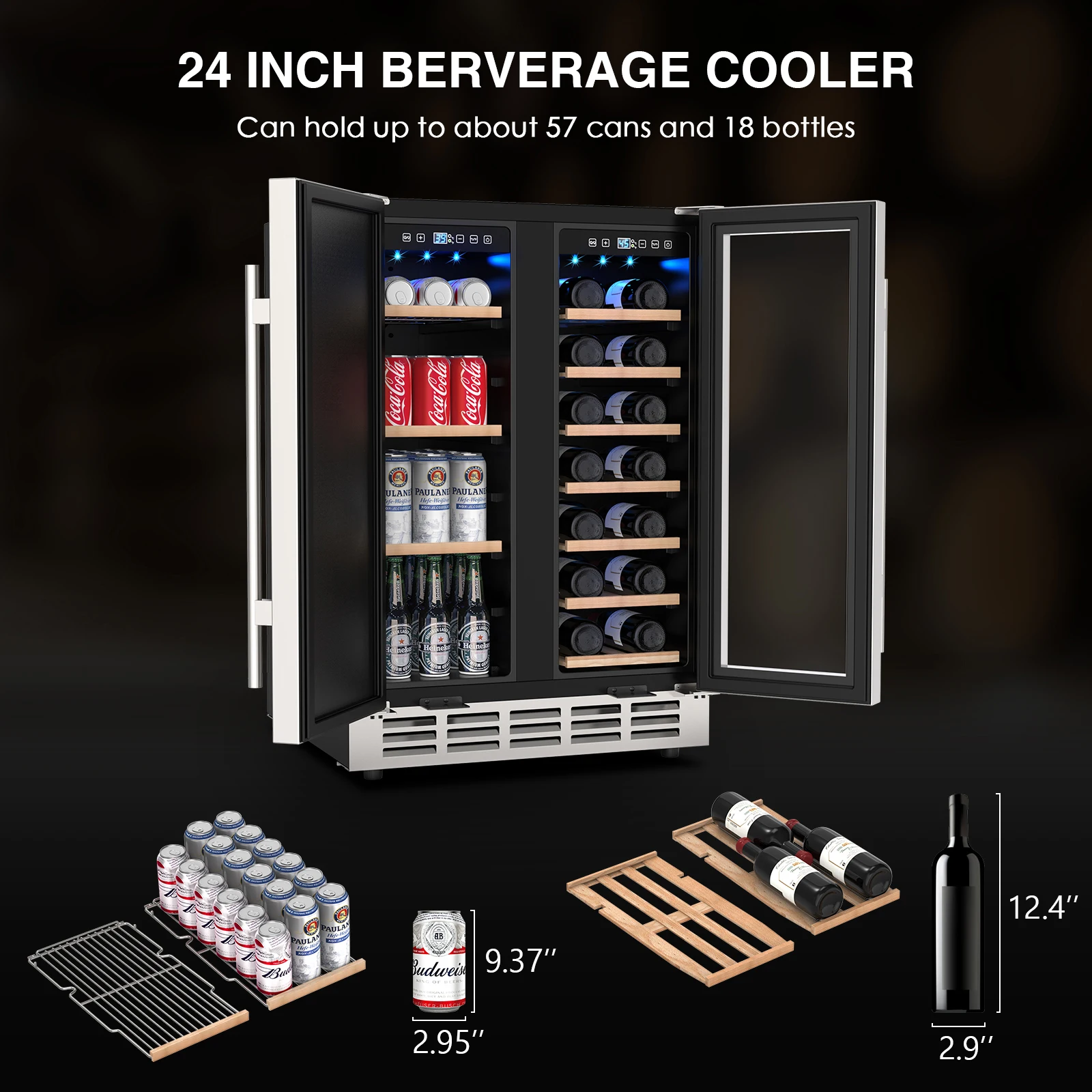 Wine and Beverage Refrigerator, 24 Inch Dual Zone Wine Fridge with Safety Locks, Under Counter Wine Cooler Fridge Freestanding 6