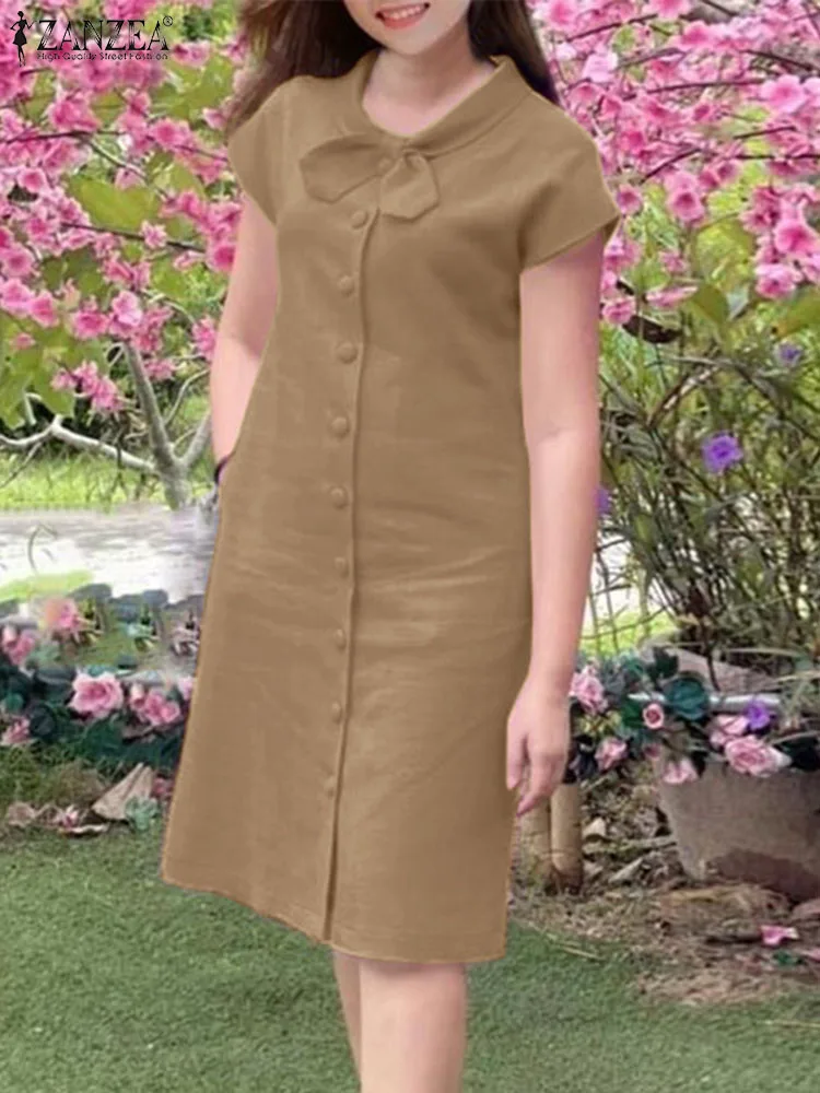 

ZANZEA Fashion Lapel Neck Dresses Woman Elegant Lace Up Dress Vintage Cotton Sundress Oversize Female Short Sleeve Solid Vestido