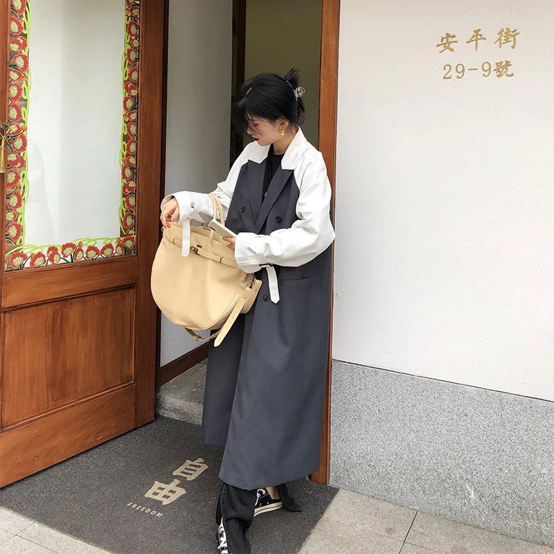 

Autumn Elegant Mid-length Grey Splicing Contrast Color Windbreaker Female Double Breasted Long Sleeve Women Trench Coat Outwear
