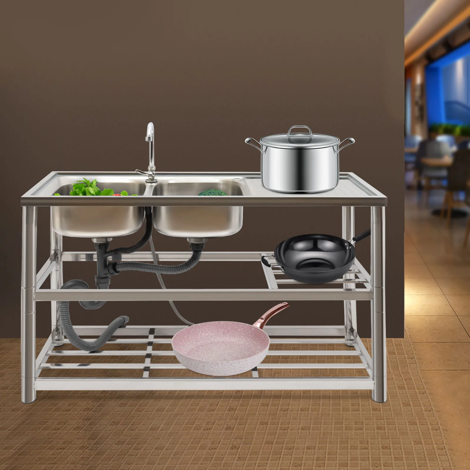 Free Standing Stainless-Steel Double Bowl Commercial  Kitchen Sink Set w/Faucet Drainboard w/Workbench & Double Storage Shelves 2