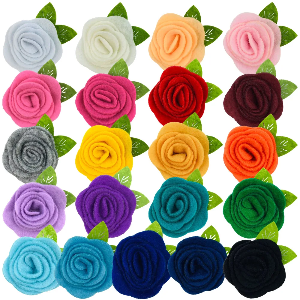 

210 Pcs/Lot, 4 CM Felt Rosette with Leaf Flowers, Handmade Felt Flower For DIY Headbands, Shoes Brooches, Flower Embellishments