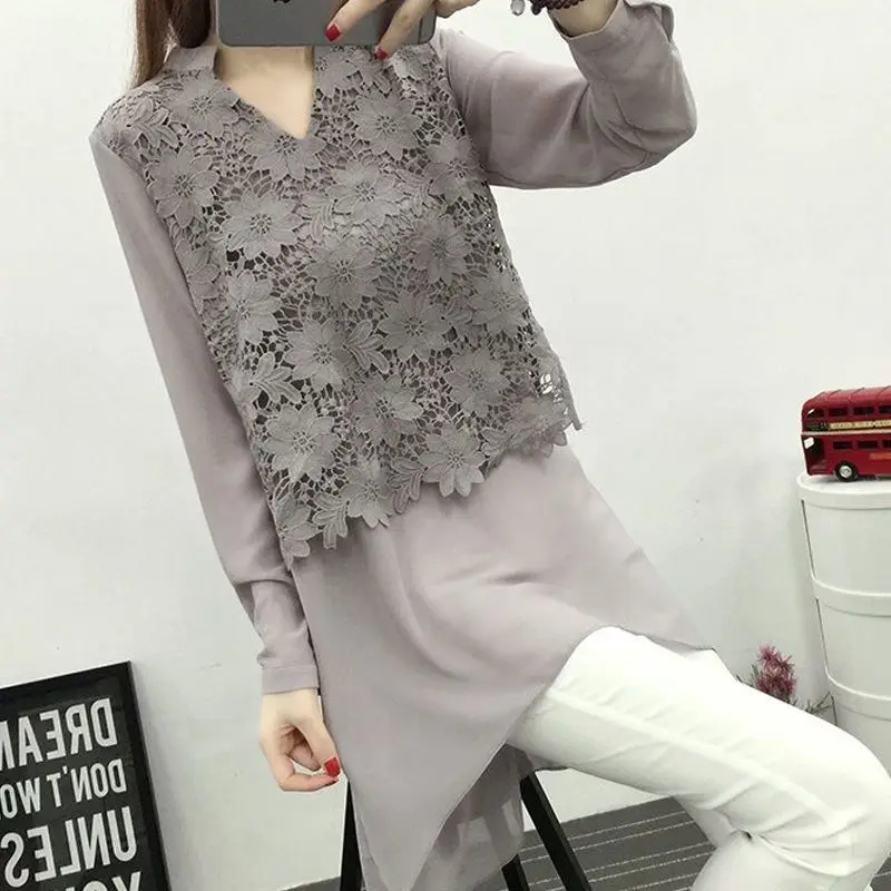 

Fashion Irregular Embroidery Hollow Out Lace Blouse Women's Clothing 2023 Autumn New Casual Tops Fake Two Pieces Shirt