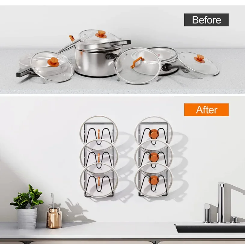 Pot Lid Rack Without Punching Wall-mounted Kitchen Storage Rack Kitchen Storage Iron Drain Storage Rack Organizer 2