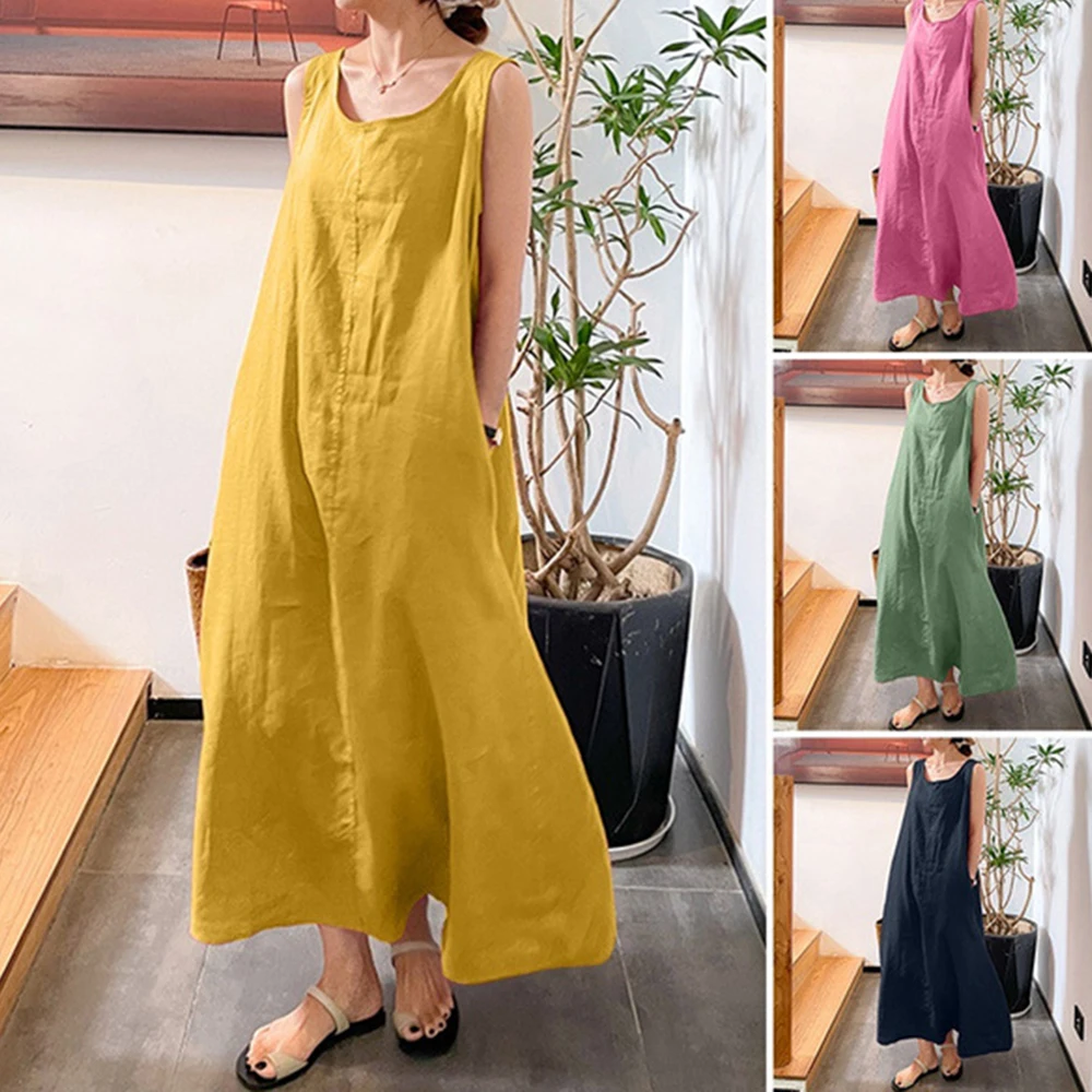 

Summer New Long Version Sling Cotton Linen Simple Loose Pocket Round Neck Temperament Sleeveless Dress Women Dress for Women