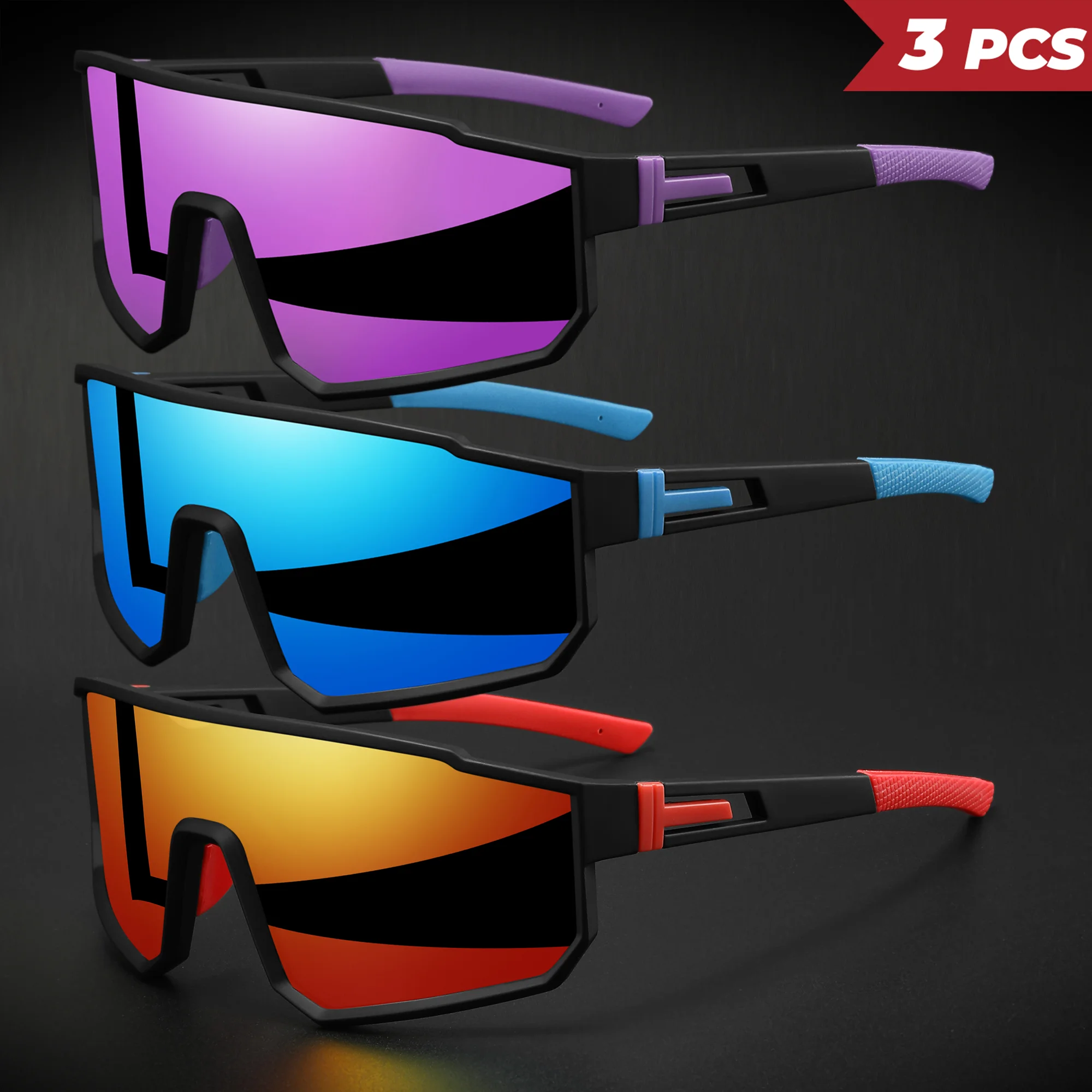 3 Stück übergroße, farbenfrohe Sport-Sonnenbrille – umlaufendes Design, UV400, Unisex, bequeme Passform für Radfahren, Wandern und Outdoor – Detail 8