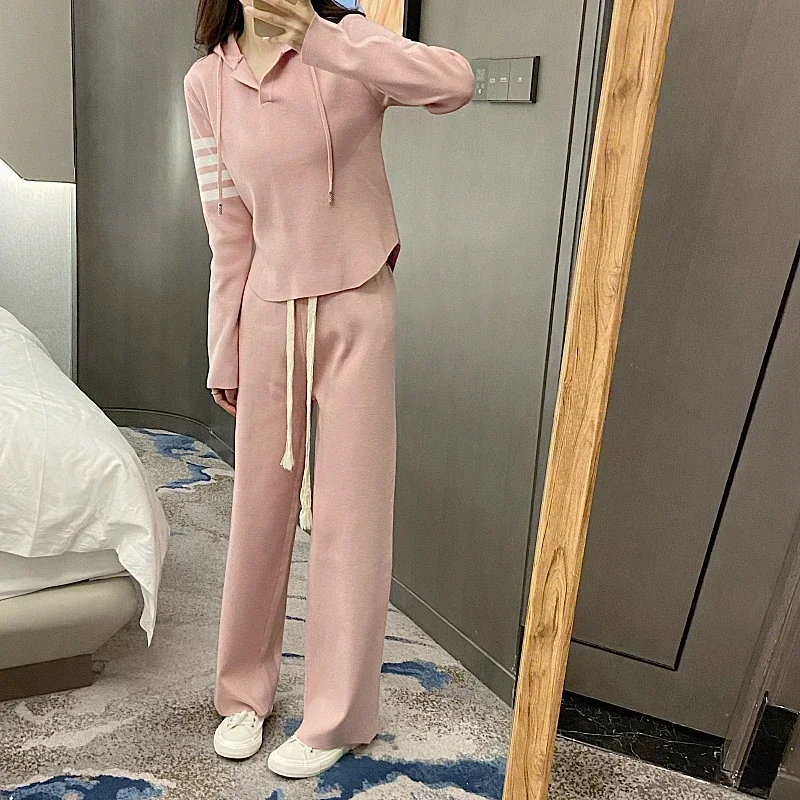 

TB Four Bar Knitting Hot Girl Suit Women Slim Slim Hooded Long Sleeve Blouse Loose High Waist Casual Straight Trousers