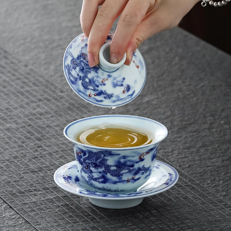 Chinese Retro Sancai Gaiwan Blue and White Tea Tureen Ceramic Teaware Tea Cup Set Handmade Porcelain Gongfu Bowl Cups