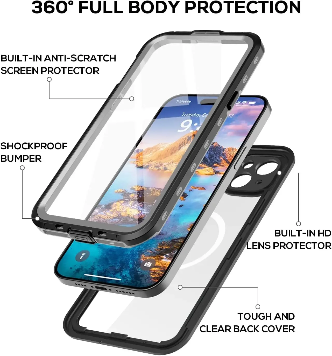 IP68 transparent waterproof and shock-proof case for iPhone 15 14 Plus 13 Pro Max Built-in screen Lens Protector Full body case