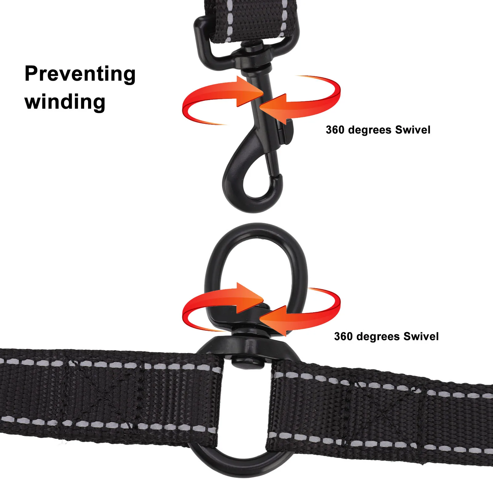 Leash Black Nylon 360 Degree Swivel Reflective Dual Dog Walking Leash For Dog Outdoor Activity - PeticaDeals