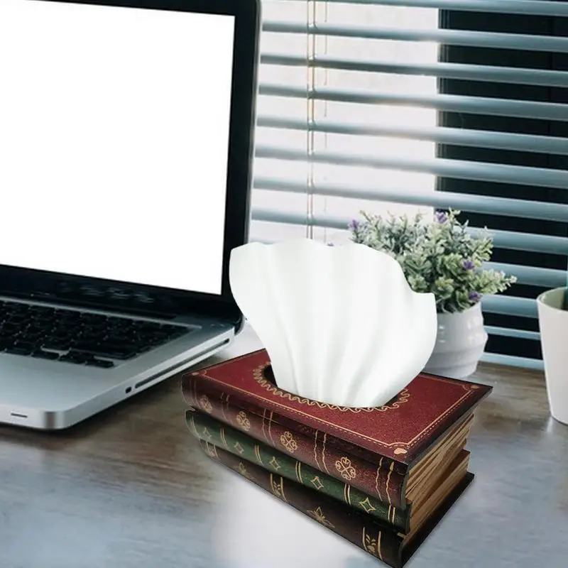 Retro Wood Book Shape Tissue Box Rectangle Napkin Paper Holder Storage Case Tissue Holder Container Home Living Room Decoration 3