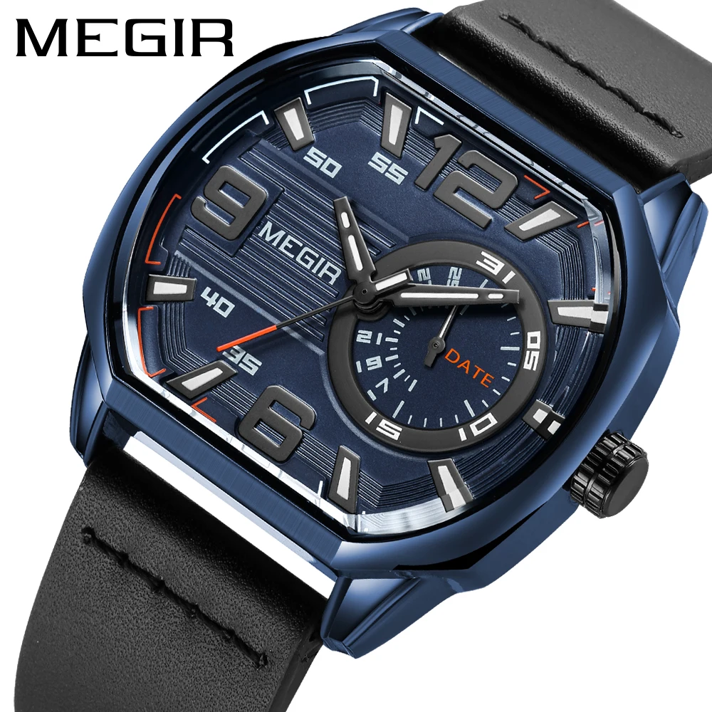 

Часы MEGIR Octagon спортивные мужские с кожаным ремешком, кварцевые часы с автоматической датой, светящиеся стрелки, водонепроницаемые наручные часы + коробка 2201