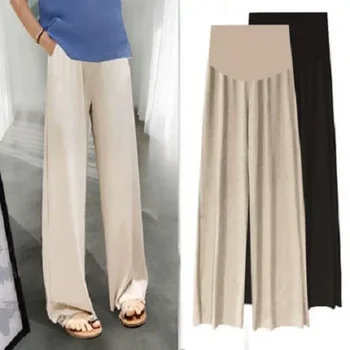 Summer Maternity Pants Summer Ice Silk Pants Wide Leg Pants Thin Wear Loose Pleated Maternity Nine-point