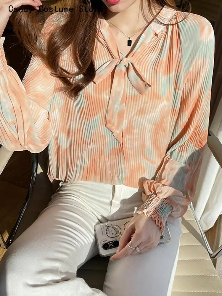 Long Lantern Sleeve Loose Cozy Shirt Women Tie-dye Pleated Orange Chiffon Shirt Women Fairy Spring Summer Bow Tie Lace Up