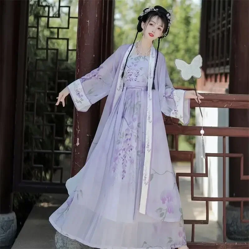 

Женское платье Hanfu, Женский костюм для Хэллоуина, летний костюм Hanfu с принтом, фиолетовый комплект из 3 предметов, ежедневная одежда, раньше XL