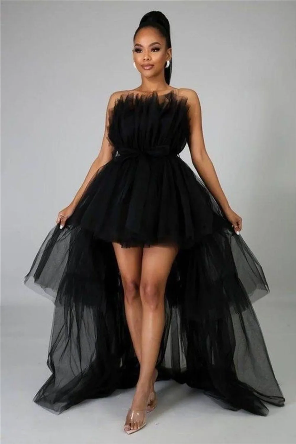 

Women High Low Tulle Dress Strapless Solid Color Mesh Tiered Cocktail Party Dress Prom Gown