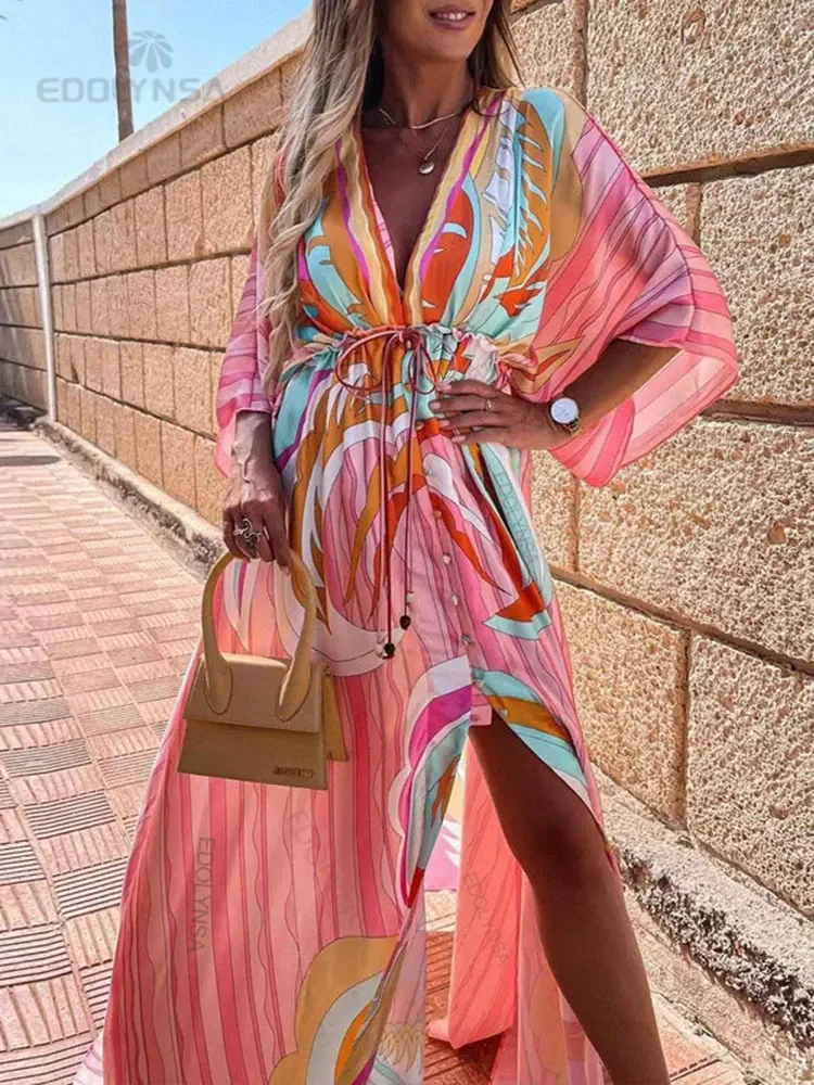 Bikini Cover-ups Boho Print Long Dress Self Belted Beach Tunic Summer Women Beach Wear Swim Suit Cover Up beach cover swimsuit cover