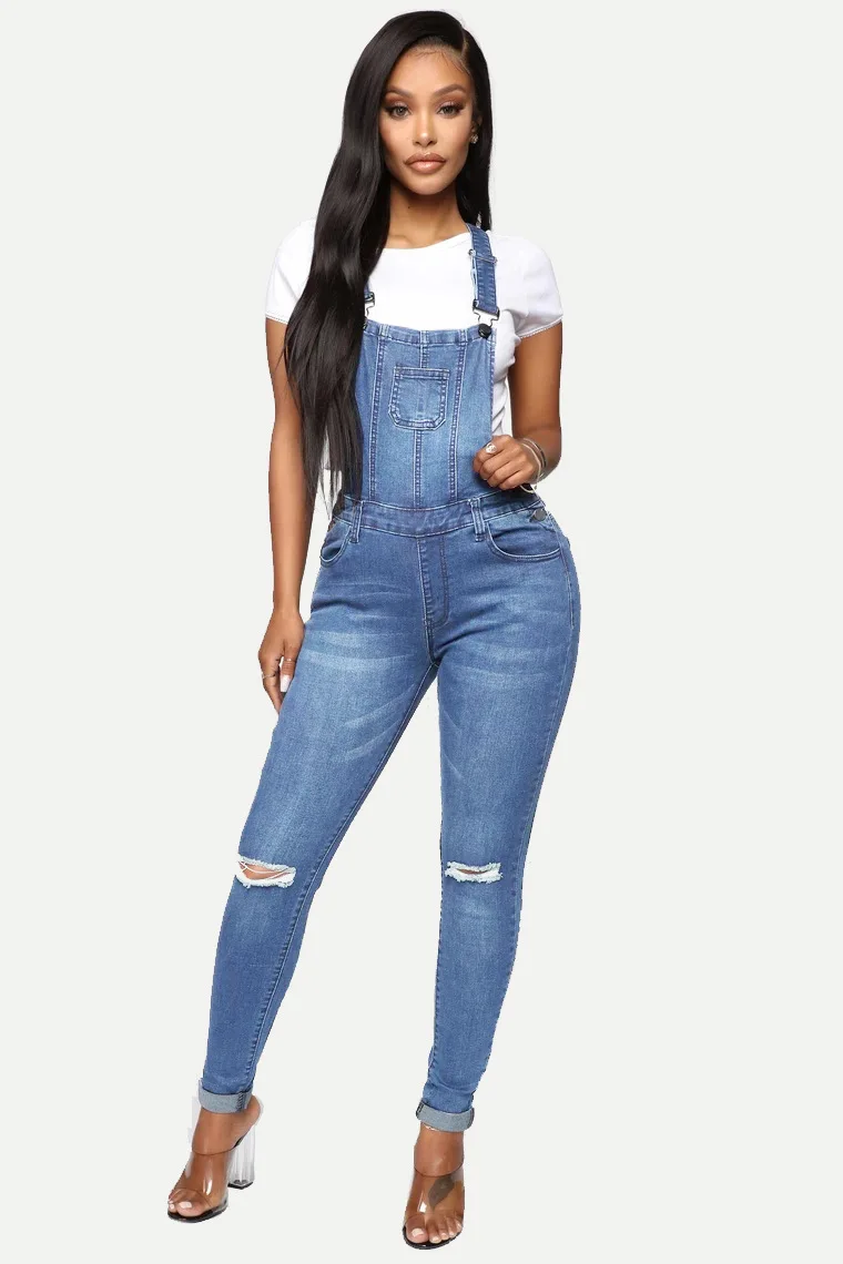 

Women Jeans Ankle Length Pencil Pants Denim Overalls Pockets One Piece Mid Waist High Street Solid Distressed Holes Spliced