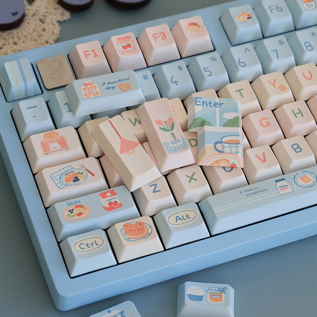 

154Keys Cute Keycap Blue Vitality Breakfast Cherry Pbt Mechanical Keyboard Ansi Iso Layout Keycap Milk Cake Bread Element keycap