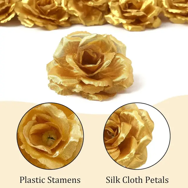 25Pcs Blossom Silk Rose Flower Heads Artificial Gold Roses Flowers Gold Faux Silk Rose Floral Heads for Valentine's Day Wedding 3