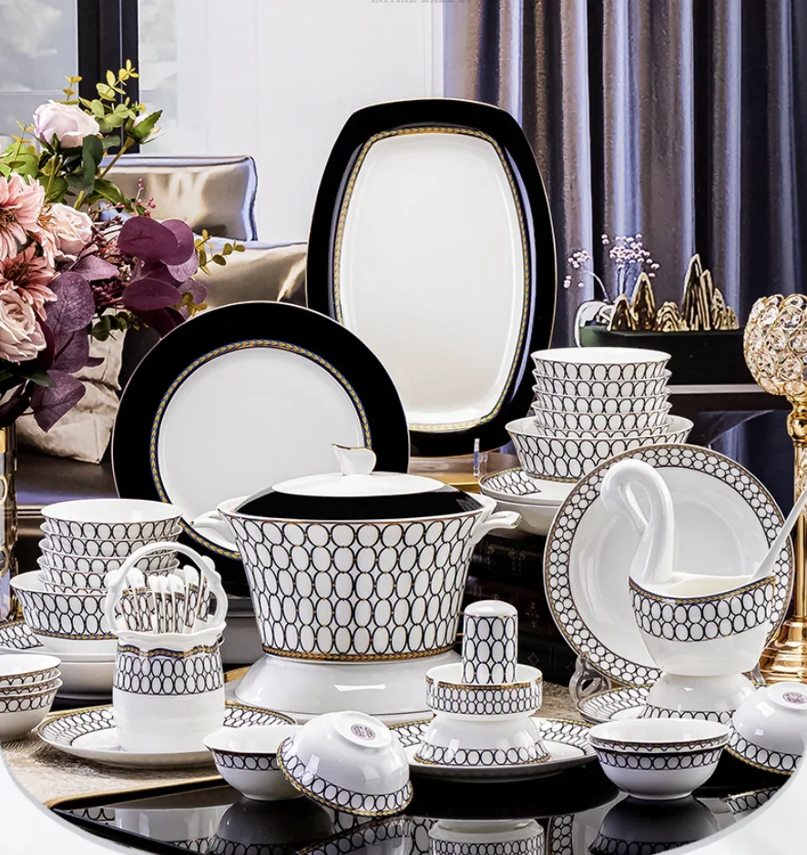 High-quality ceramic tableware set Household high-end bone china tableware set 60 pieces Full of gifts