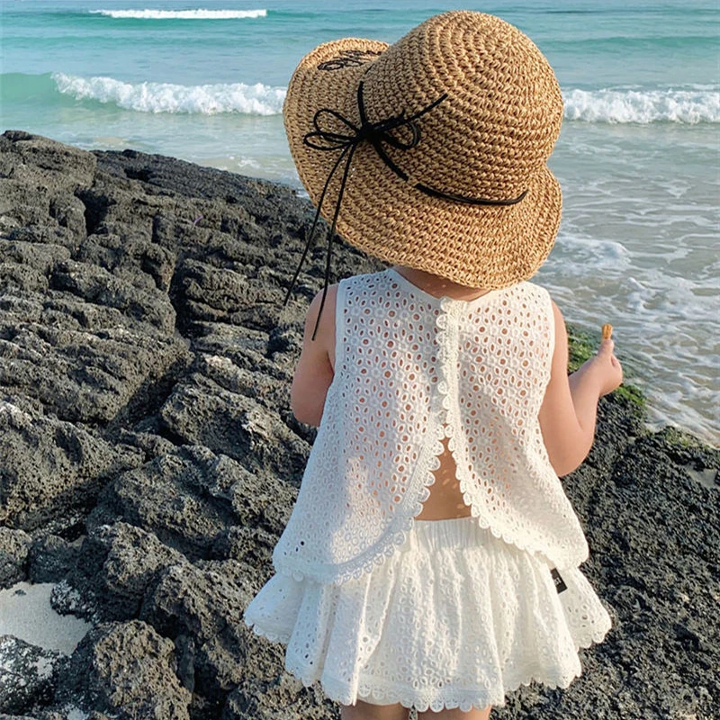 Girls 2022 Summer Clothing Sets Hollow Lace Suit Baby Casual Sleeveless T-shirt+Shorts Kids Clothing Sets Baby Clothes Outfits