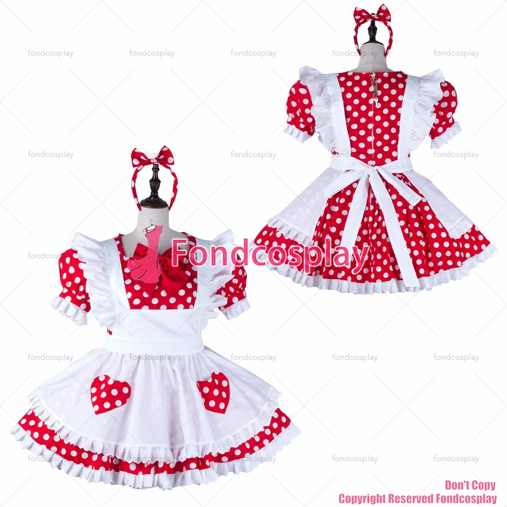 

fondcosplay adult sexy cross dressing sissy maid Red dots cotton dress lockable Uniform white Heart apron CD/TV[G2240]