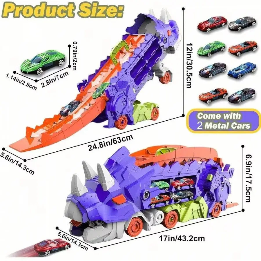 Car Toys Folding Dinosaur Transporter Competitive Game Roll to Eat & Store Die-cast Cars 2 Metal Cars