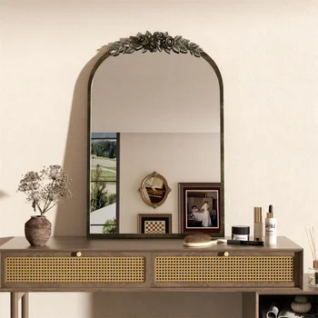LUVODI Arched Antique Brass Wall Mirror Metal Frame Adorned with Resin Rose Pattern for Entryway,Fireplace,Living Room 4
