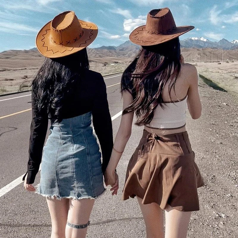 Women Men Cowboy Hat Western Suede Cowgirl Hats Fashion West Fancy Dress Party Headwear Unisex Cap