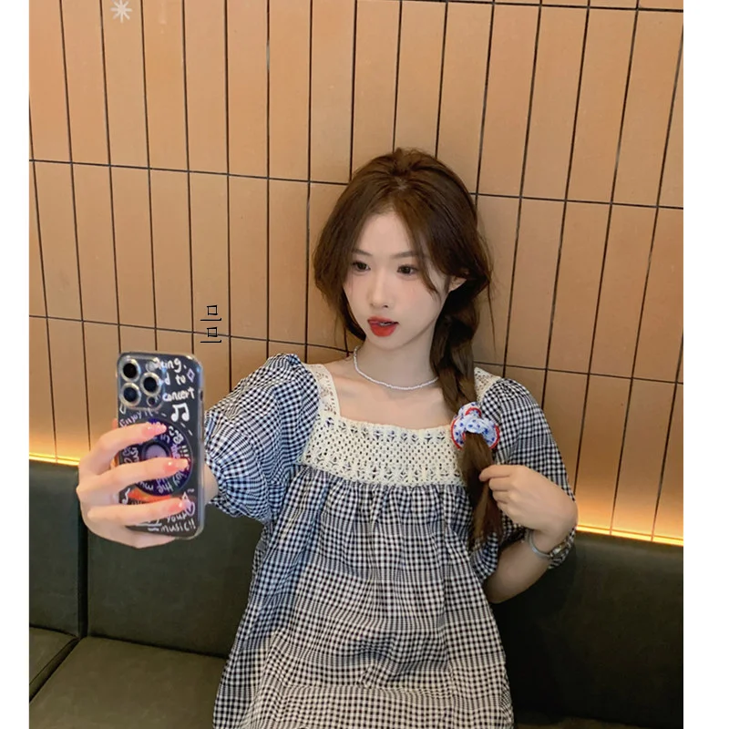 유행 여름 임신 셔츠 한국어 격자 무늬 인형 탑 반팔 티셔츠 투피스 세트 세련된 여성 의류