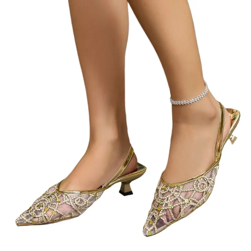 Women's Shoes 2024 New Slingbacks Women's High Heels Mesh Dress Pumps Women Pointed Toe Bling Slip on Thin Heels Ladies Sandals 6