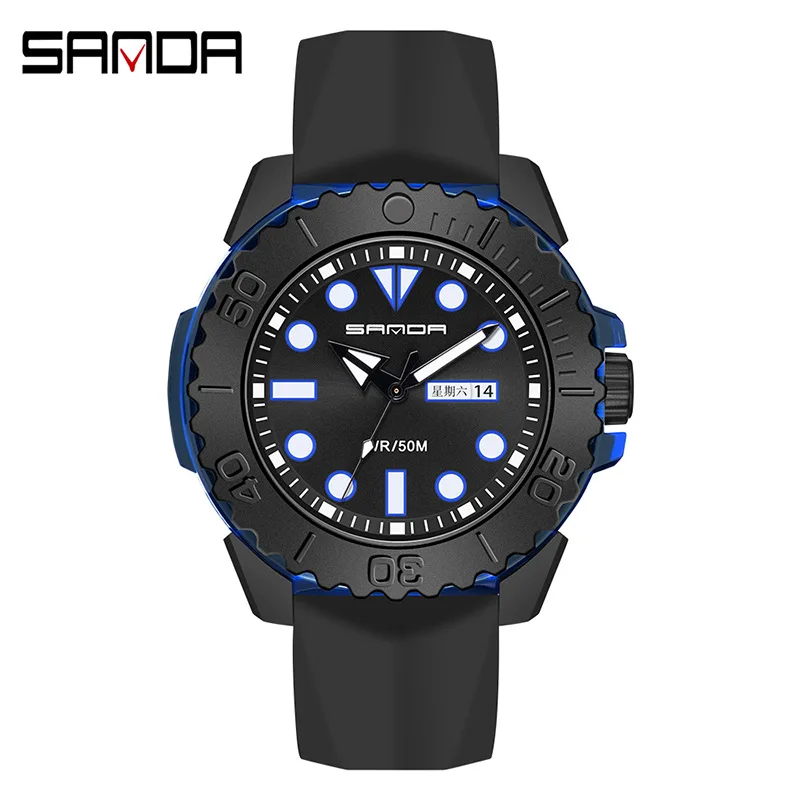 SANDA Brand Luxury Men Silicone Strap Sports Watches 50M Waterproof Weekly Calendar Display Quartz Watch Business Watch For Men