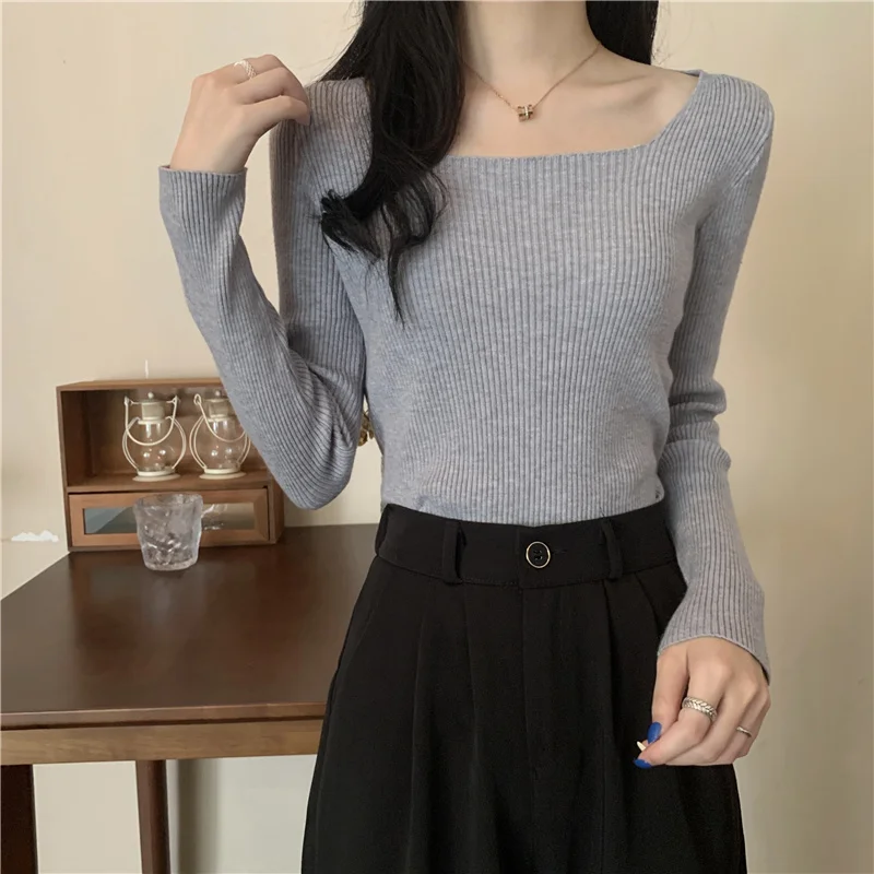 Women Square Neck  Knitted Sweaters Autumn Winter Slim Pullover Soft  Loose Casual Knit  Warm Fashion Basic Tops vintage sweaters