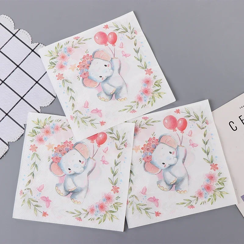 Party Tissue Paper 20pcs/pac 2-Ply Color Napkins Printed Pure Wood Pulp Cartoon Cute Little Elephant Food Grade Paper Towel