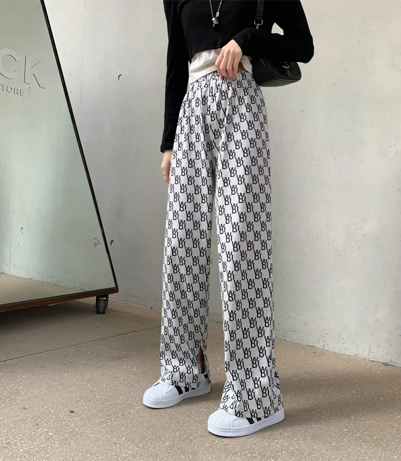 plaid pants elastic knitted Pants Fashion Women Casual Loose Wide Leg Trousers Retro Straight Trousers Hip-hop Unisex Streetwear plus size clothing