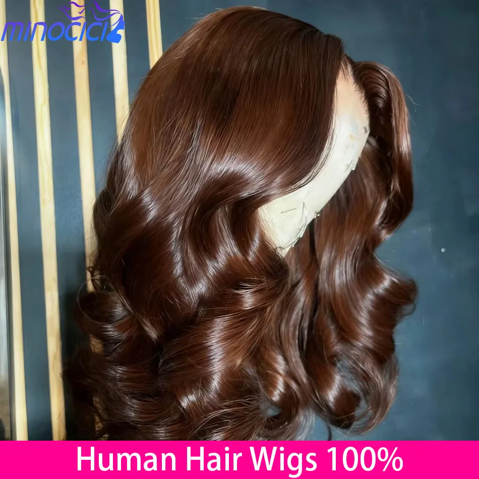 Human Hair Wigs Chocolate Brown Body Wave 13X6 Hd Lace Frontal 250 Density Colored Pre Plucked Brazilian