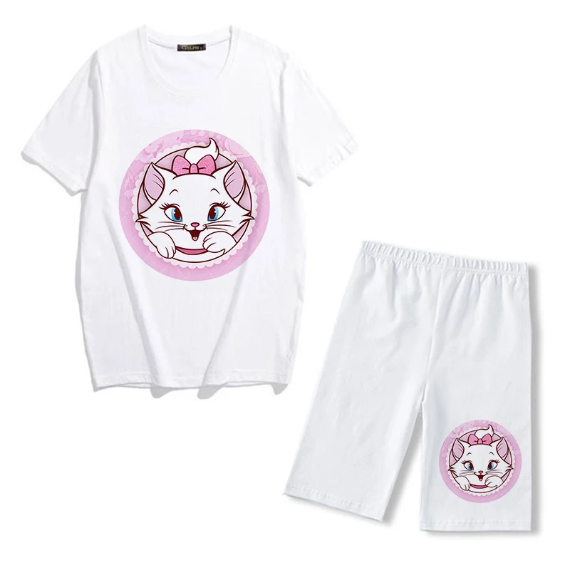 two piece sets Summer Fashion Disney Marie Cat Print Two Piece Set Women Tracksuit Casual Short Sleeve T Shirts And Biker Sports Shorts Outfits sweatpants set Women's Sets