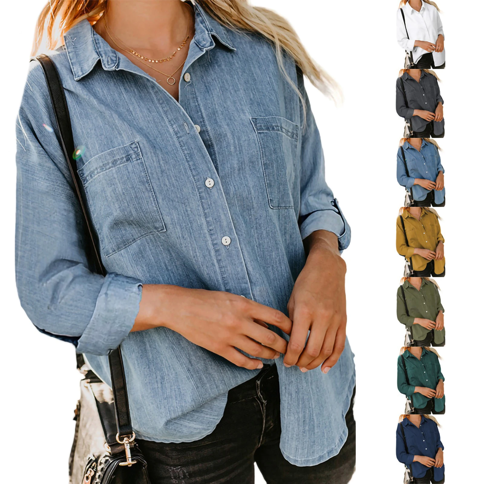 Women Trendy Jean Shirt, Solid Color Lapel Long Sleeve Buttonup Relax