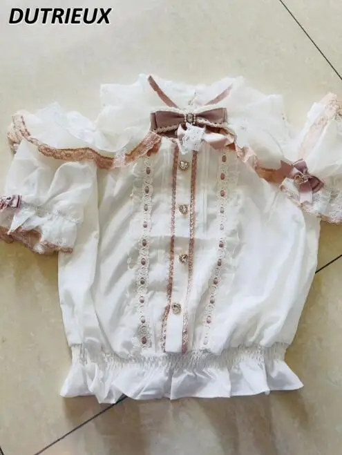 Japanese Mass-Produced Mine Chiffon Blouse Women Sweet Girl Lolita Tops Off Shoulder Lace Ruffle Sleeve Bow Short Sleeve Shirt