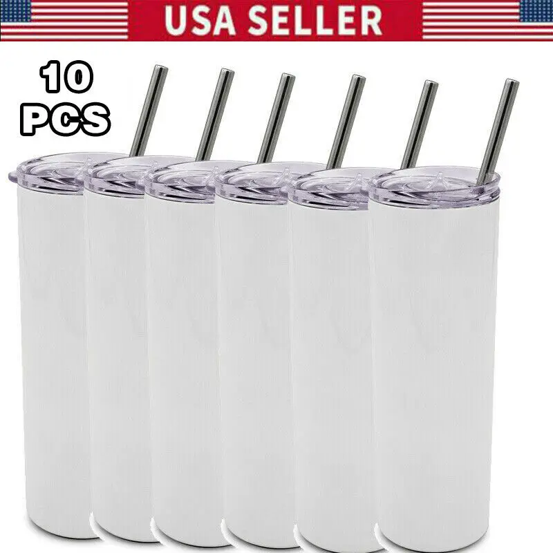 

10Pcs 20oz DIY White Blanks Sublimation Skinny Tumbler With Straw Stainless Steel Cup Double Vacuum Insulated Party Gift