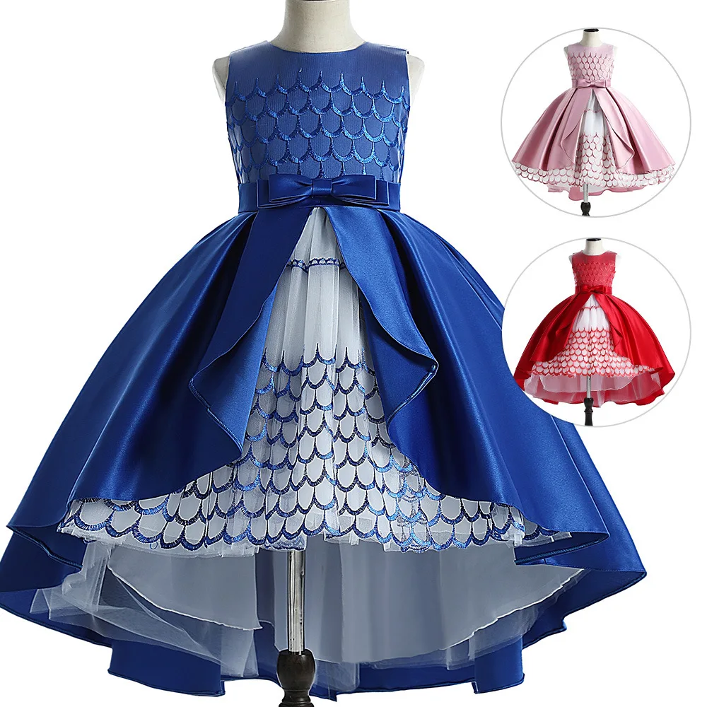 

ELBCOS 4-14T Kid Girls Embroidery Mermaid Fishtail Stripe No-Sleeve Bowknot Belt Straight Skirt Lace Costumes Evening Full Dress