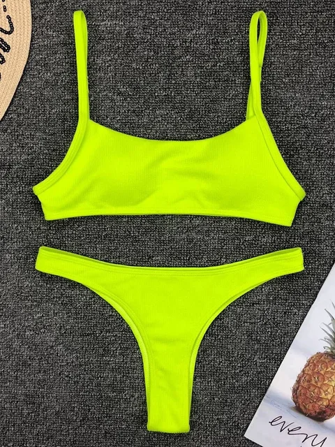 Sexy Neon Yellow Ribbed Brazilian Bikini Women Swimwear Female Swimsuit Two-pieces Bikini Set High Cut Bather Bathing Suit Swim 1