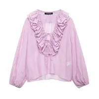 Zevity Women Fashion Long Sleeve V Neck Tierred Ruffles Loose Blouse Female Solid Color Casual Shirts Blusas Chic Tops LS6317 - Image 5