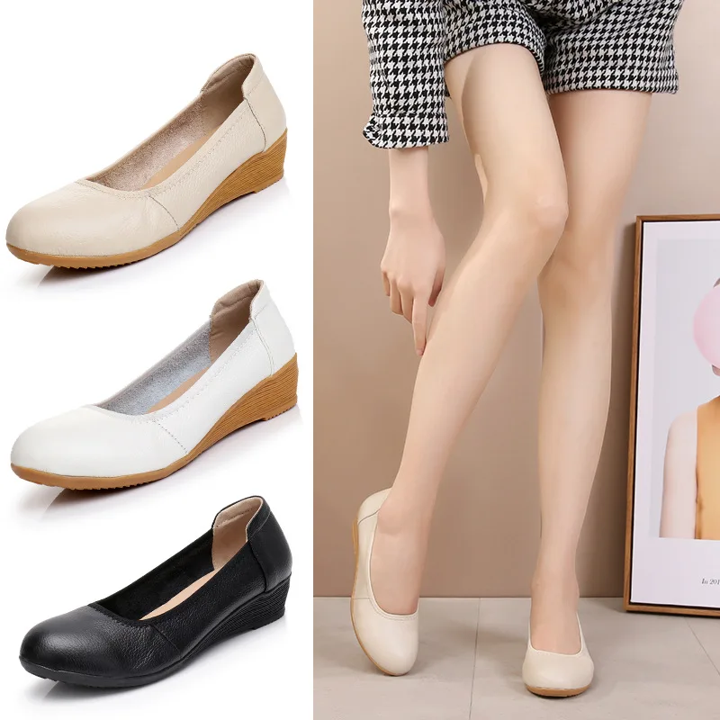 Autumn Women Shoes Genuine Leather Slip On Loafers Casual Flat Shoes Ladies Wedge Single Shoes Comfortable Black Work shoes