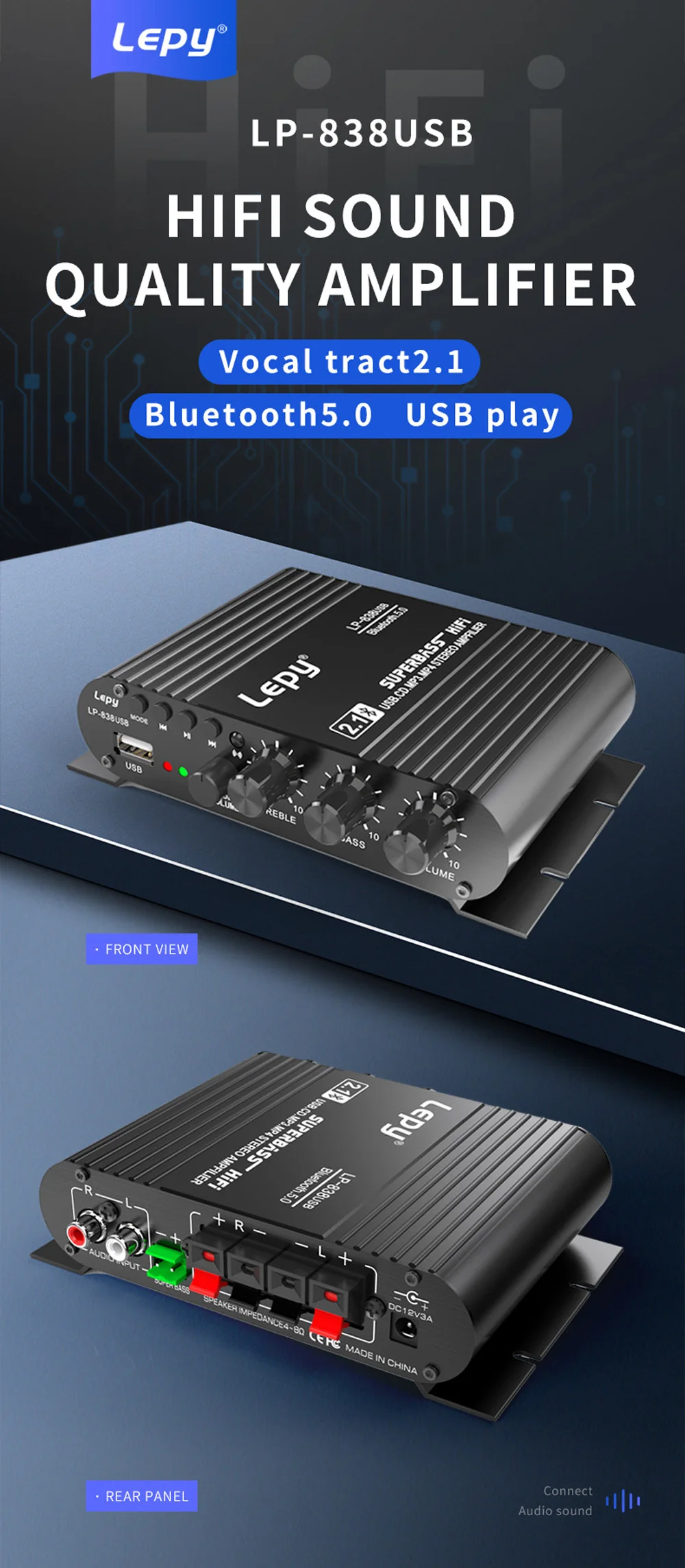 Audio Amplifier LEPY838USB Bluetooth Subwoofer Amplifier Computer 12V Car Home A